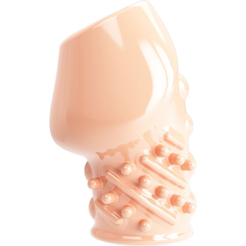 Fleischfarbene, zylindrische Hülle mit texturierter Oberfläche. Oben abgeschrägt, unten mit Noppen und Rippen.