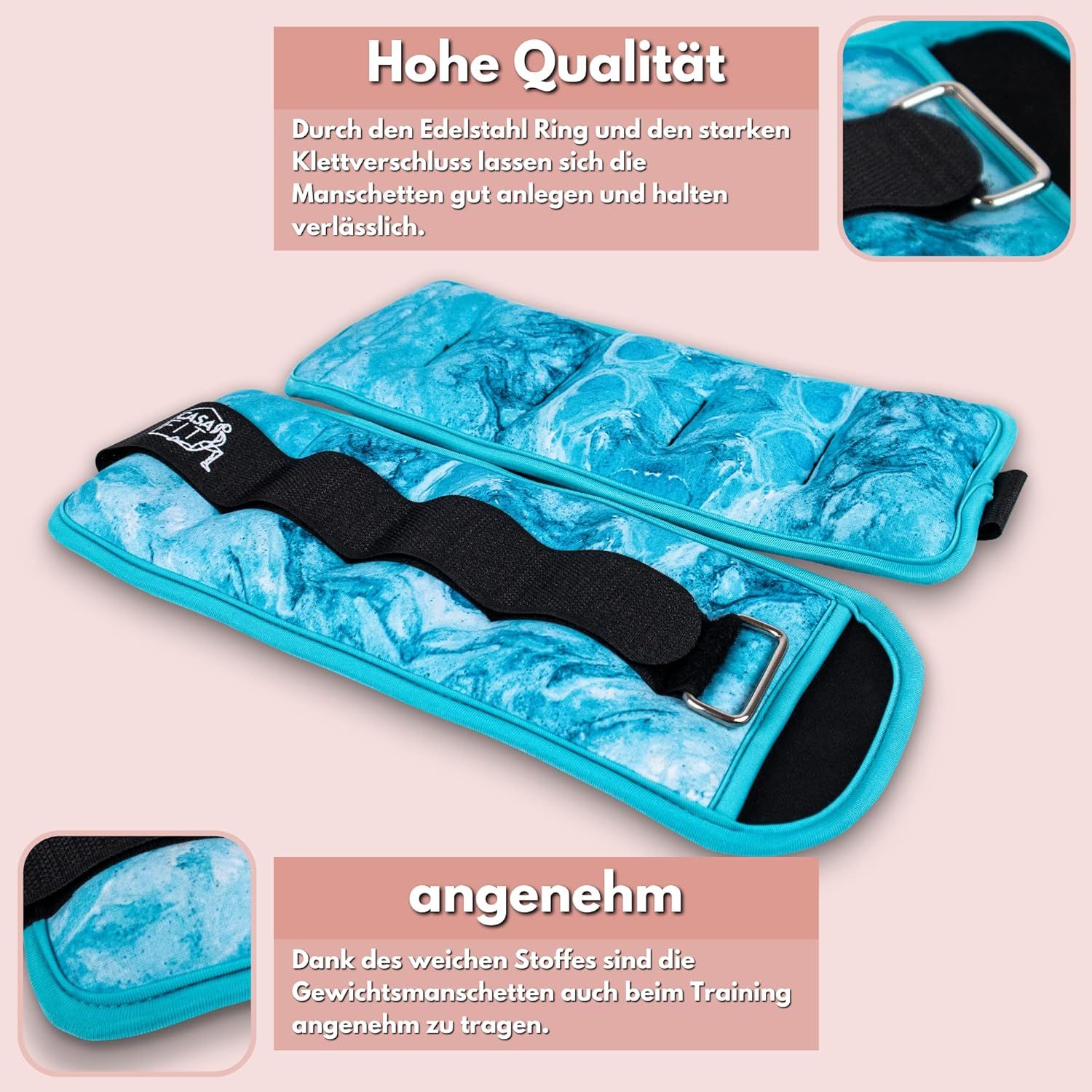 Zwei blaue Gewichtsmanschetten mit schwarzem Klettverschluss. Text: Hohe Qualität, angenehm. Detailbilder.