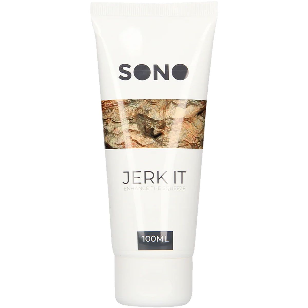 Weiße Tube mit SONO-Logo und Aufschrift JERK IT. 100ml-Angabe. Brauner, strukturierter Bereich.