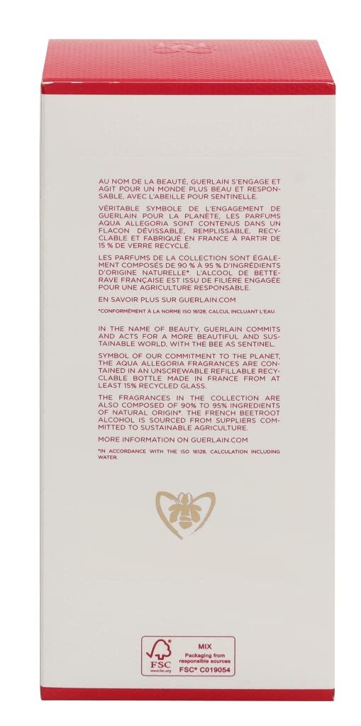 Verpackung. Aqua Allegoria. Guerlain. Text. FSC-Logo. Recycling-Hinweis. Text in Französisch und Englisch.