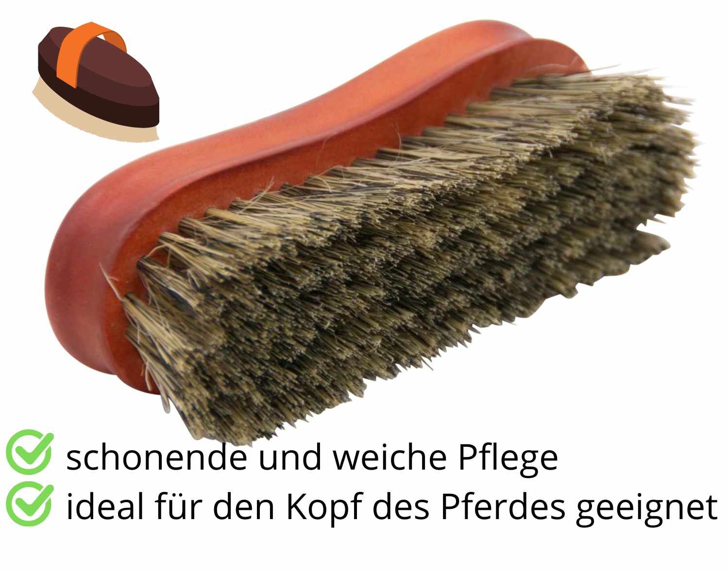 AMKA Classic Schmusebürste, ideal für den Kopf des Pferdes. Die Bürste hat einen Holzrücken und weiche Borsten. Auf dem Bild steht: schonende und weiche Pflege. Geeignet für die Fellpflege.