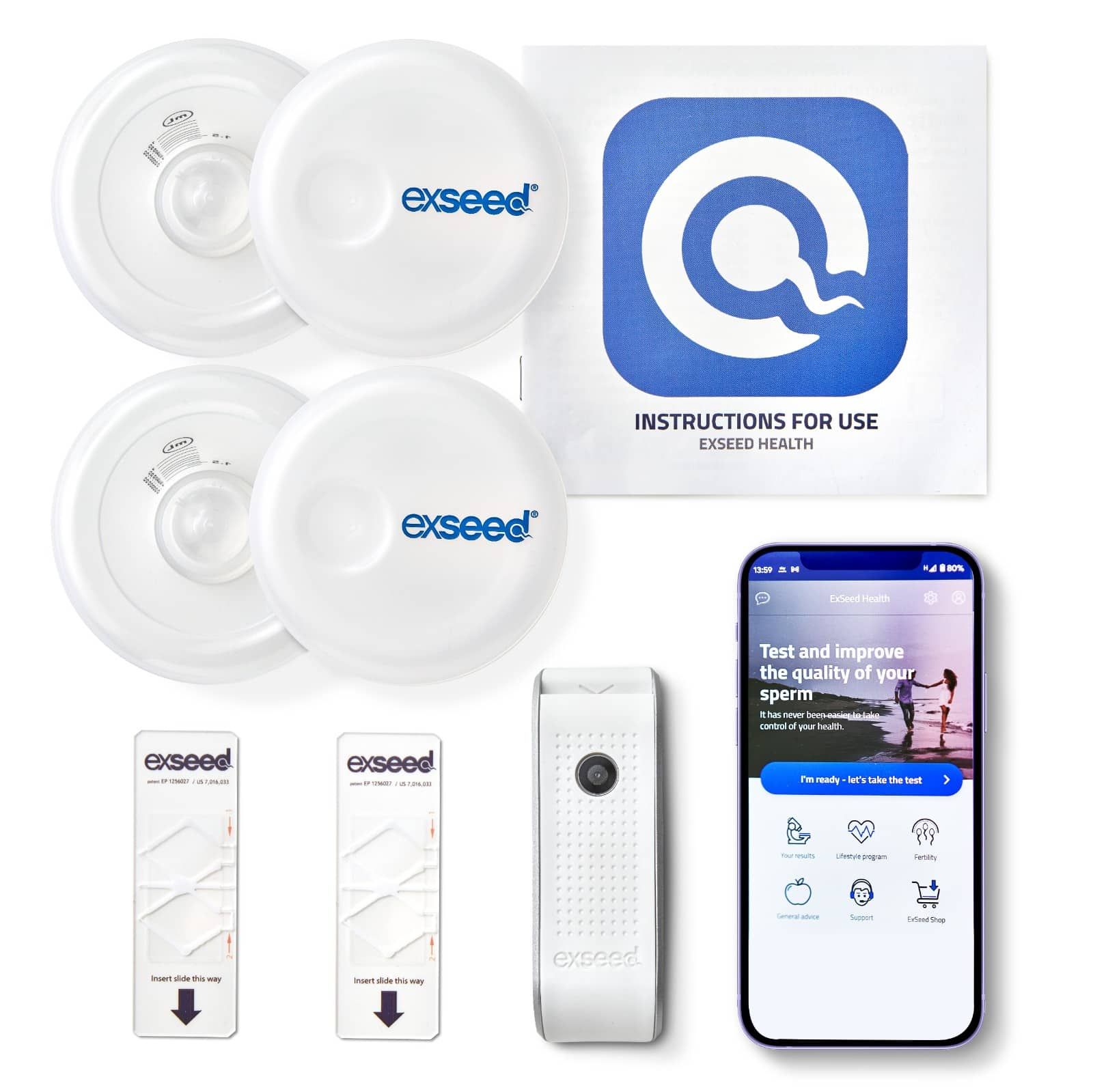 Testkit-Komponenten. Behälter, Teststreifen, Testgerät, Anleitungsheft. Smartphone mit App-Anzeige.