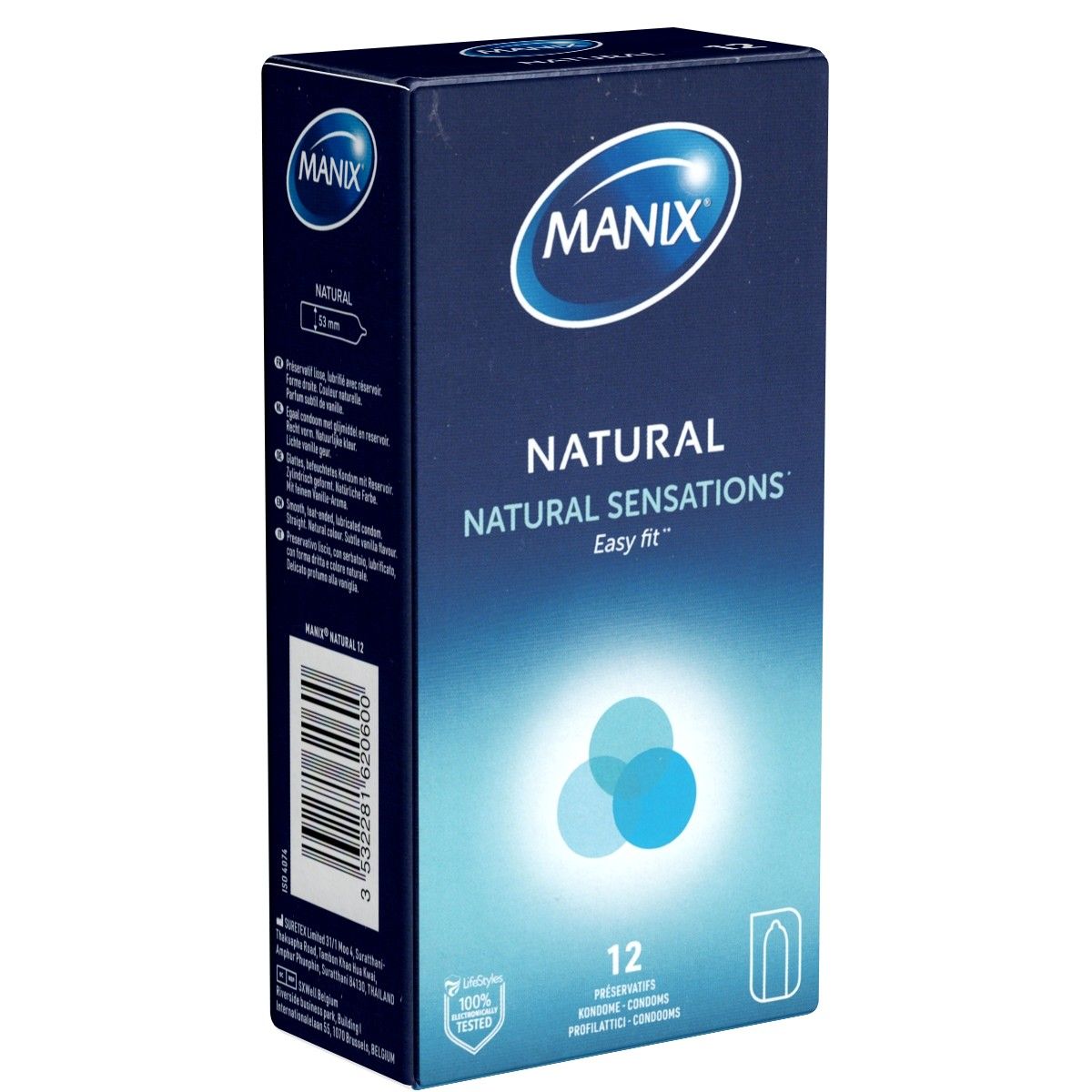 Dunkelblaue Schachtel mit "MANIX NATURAL". Text: "NATURAL NATURAL SENSATIONS Easy fit". 12 Kondome. Logo: 100% getestet.