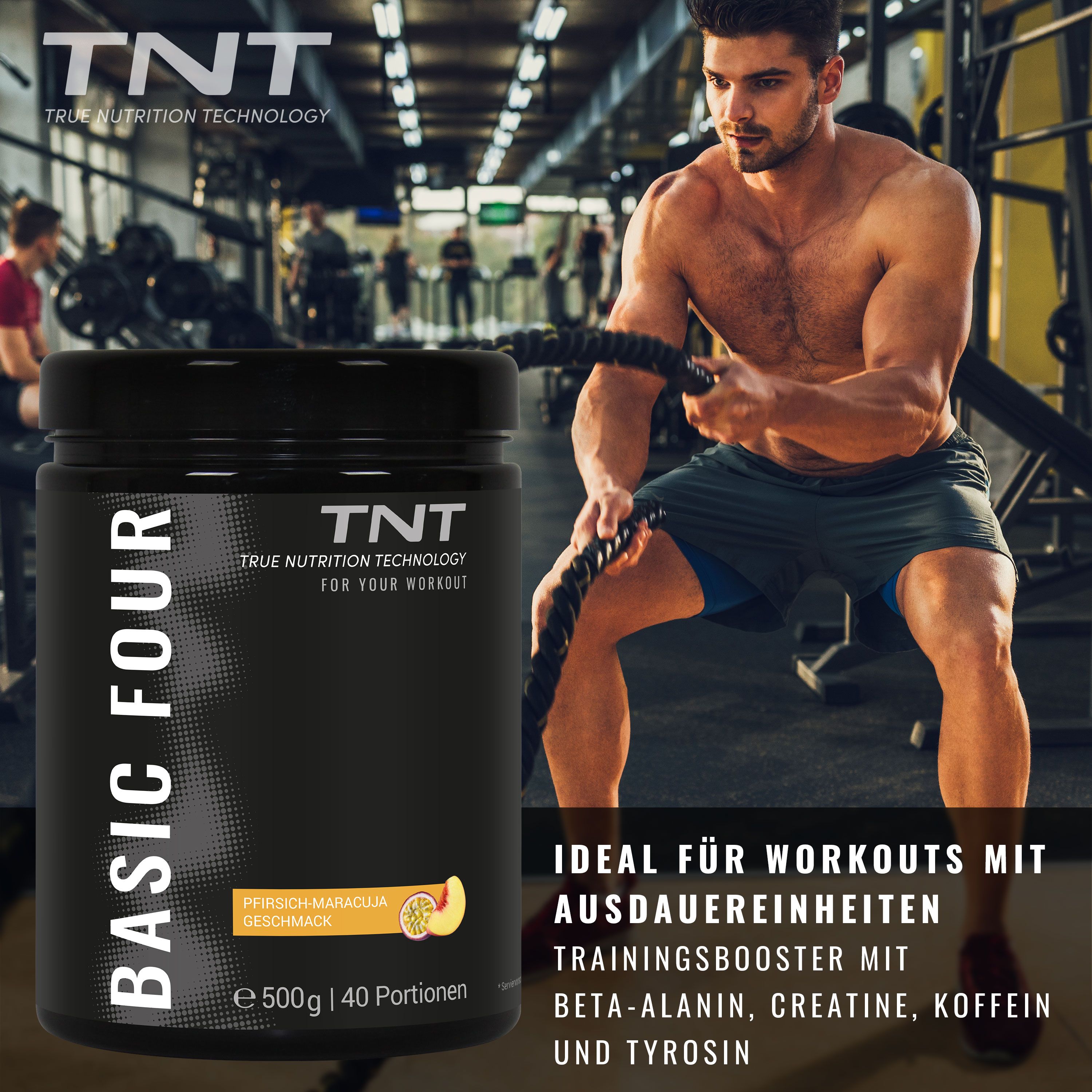 Mann im Fitnessstudio mit TNT Basic Four. Aufschrift: Pfirsich-Maracuja Geschmack. 500g, 40 Portionen.