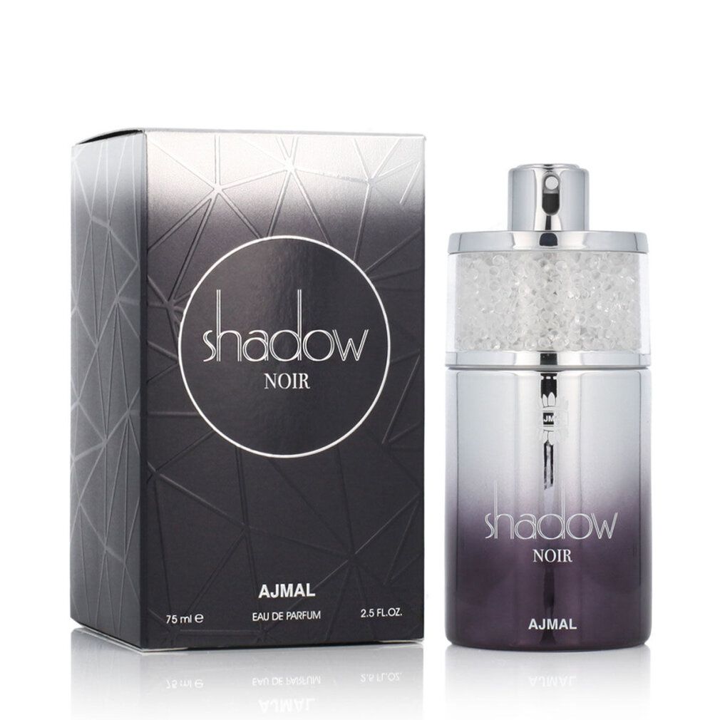 Parfümflakon und Schachtel. Flakon silber-schwarz, Aufschrift Shadow Noir, Ajmal. Schachtel mit Prägung.