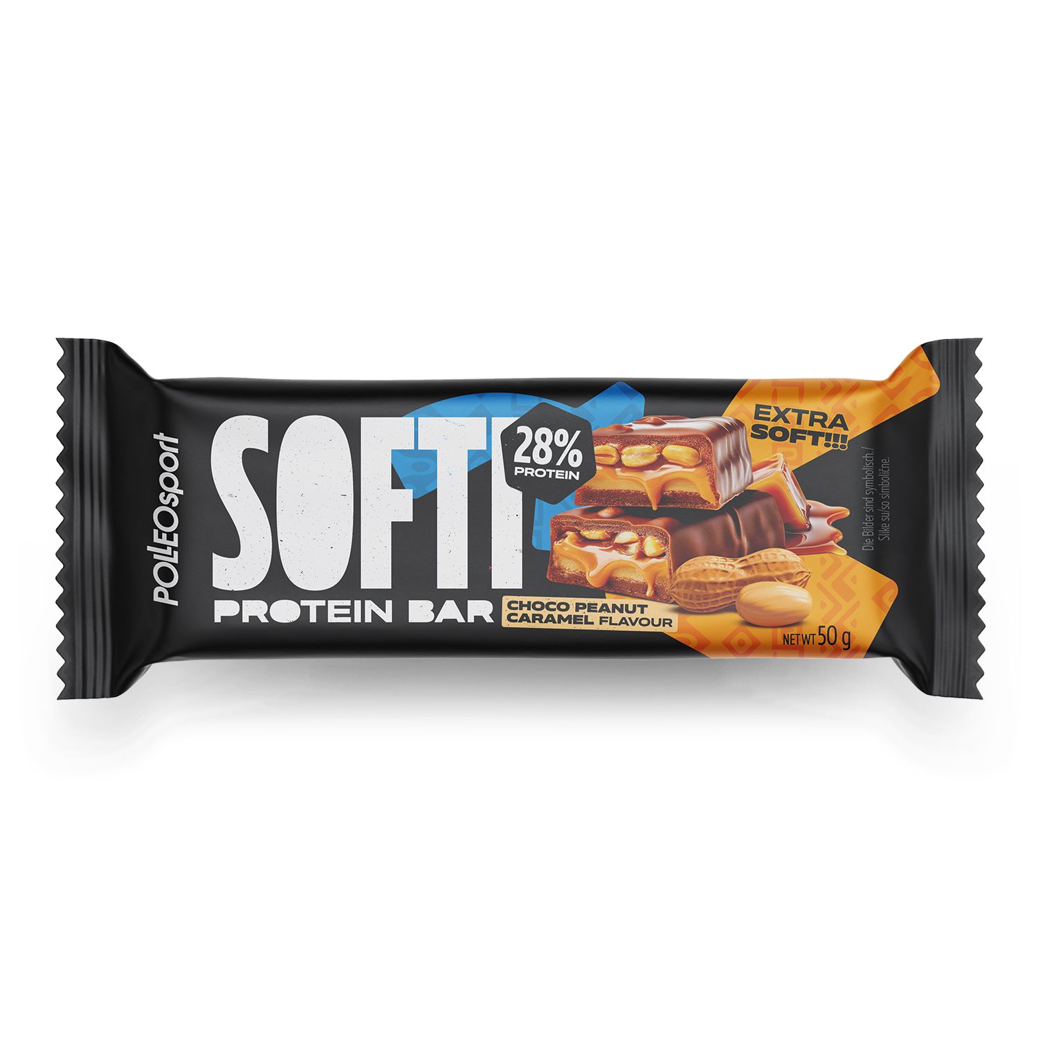 Einzelne Proteinriegel-Verpackung. Aufdruck: SOFTI PROTEIN BAR, PolleoSport Logo. Geschmack: Choco Peanut Caramel.