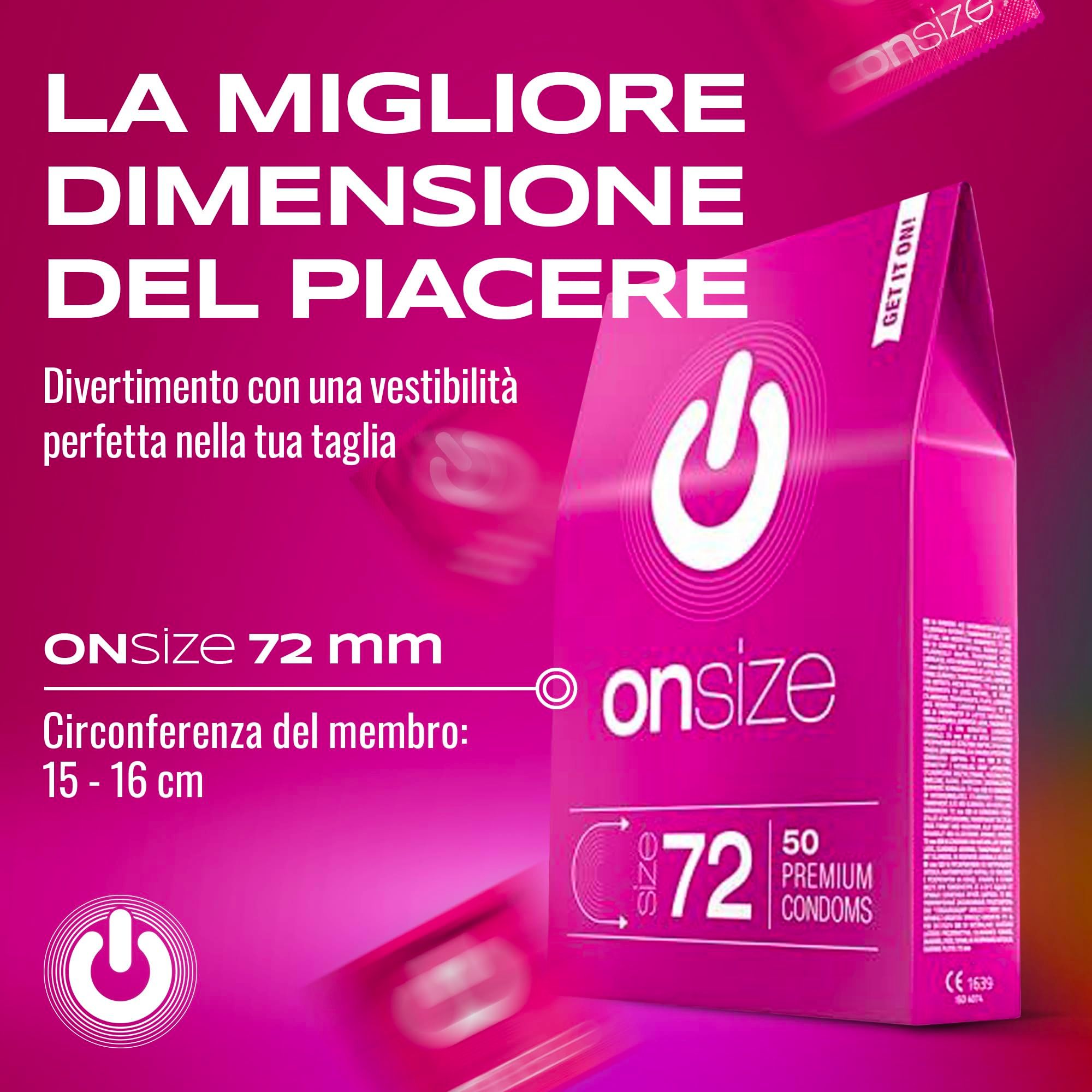 Verpackung mit ONsize 72mm, 50 Premium-Kondome, rosa.
