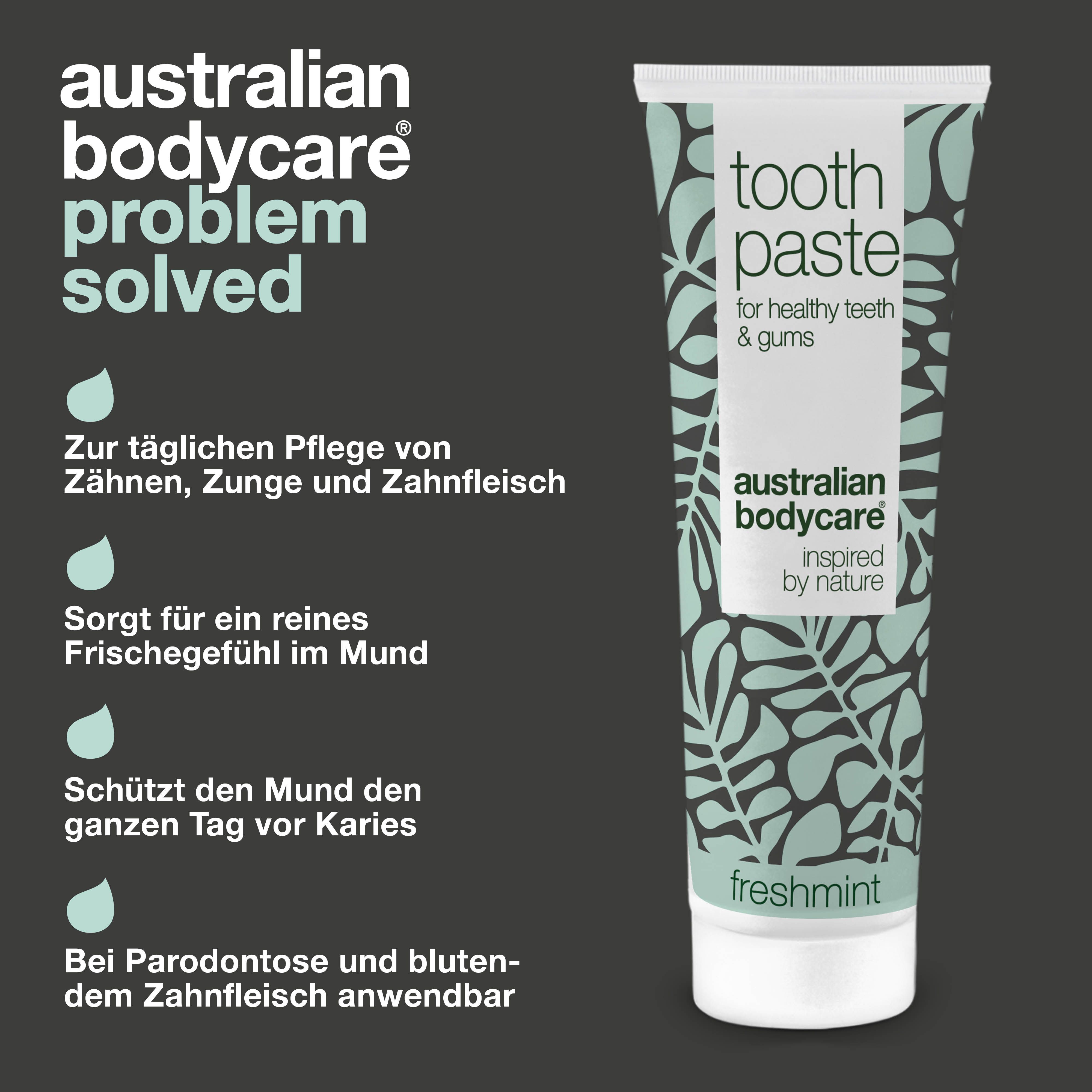 Zahnpasta-Tube. Aufschrift: Toothpaste, Australian Bodycare, Freshmint. Text über Vorteile.