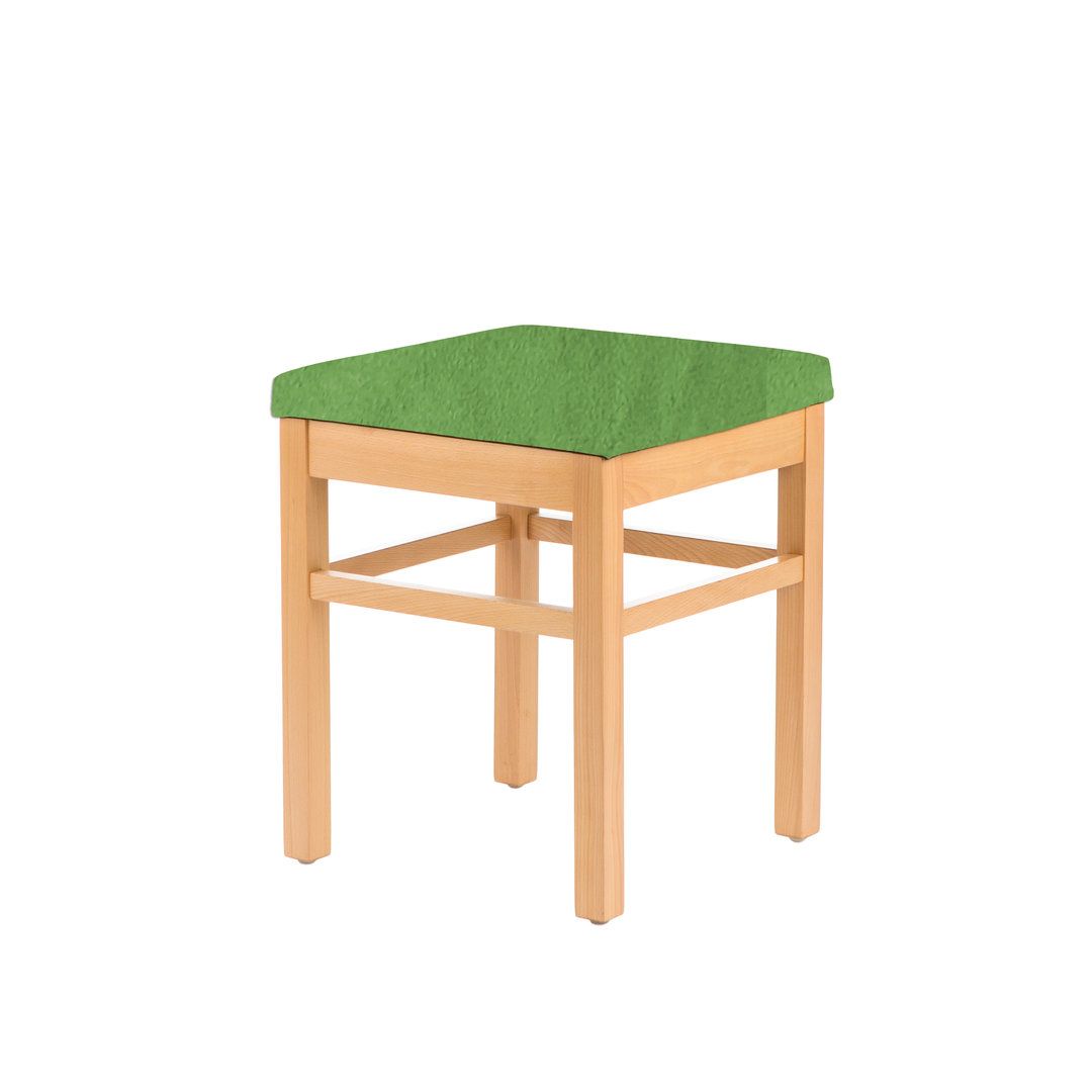 Hocker mit Holzrahmen und grünem Sitzpolster.