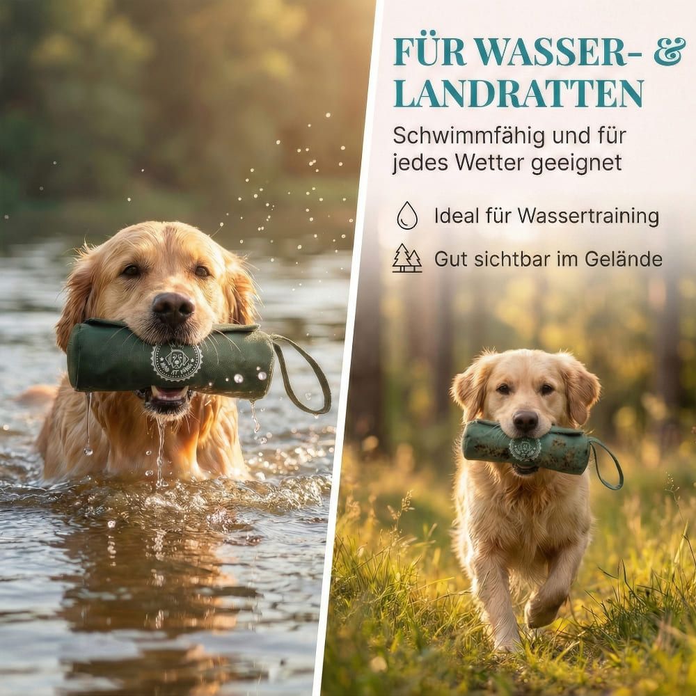 Zwei Hunde im Wasser und im Gelände mit grünem Futterbeutel. Text: Für Wasser- & Landratten. Ideal für Wassertraining.