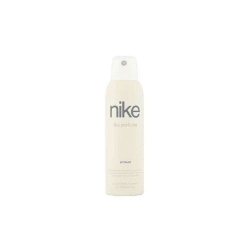 Beige Deodorant-Spraydose. Schwarzer Schriftzug: nike the perfume woman. Text darunter: Duftnoten. Unten: Eau de Toilette Deodorant.