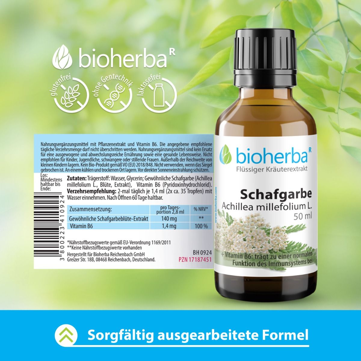 Braune Glasflasche mit schwarzem Deckel. Etikett mit Produktname und Logo. Text und Zertifizierungen.