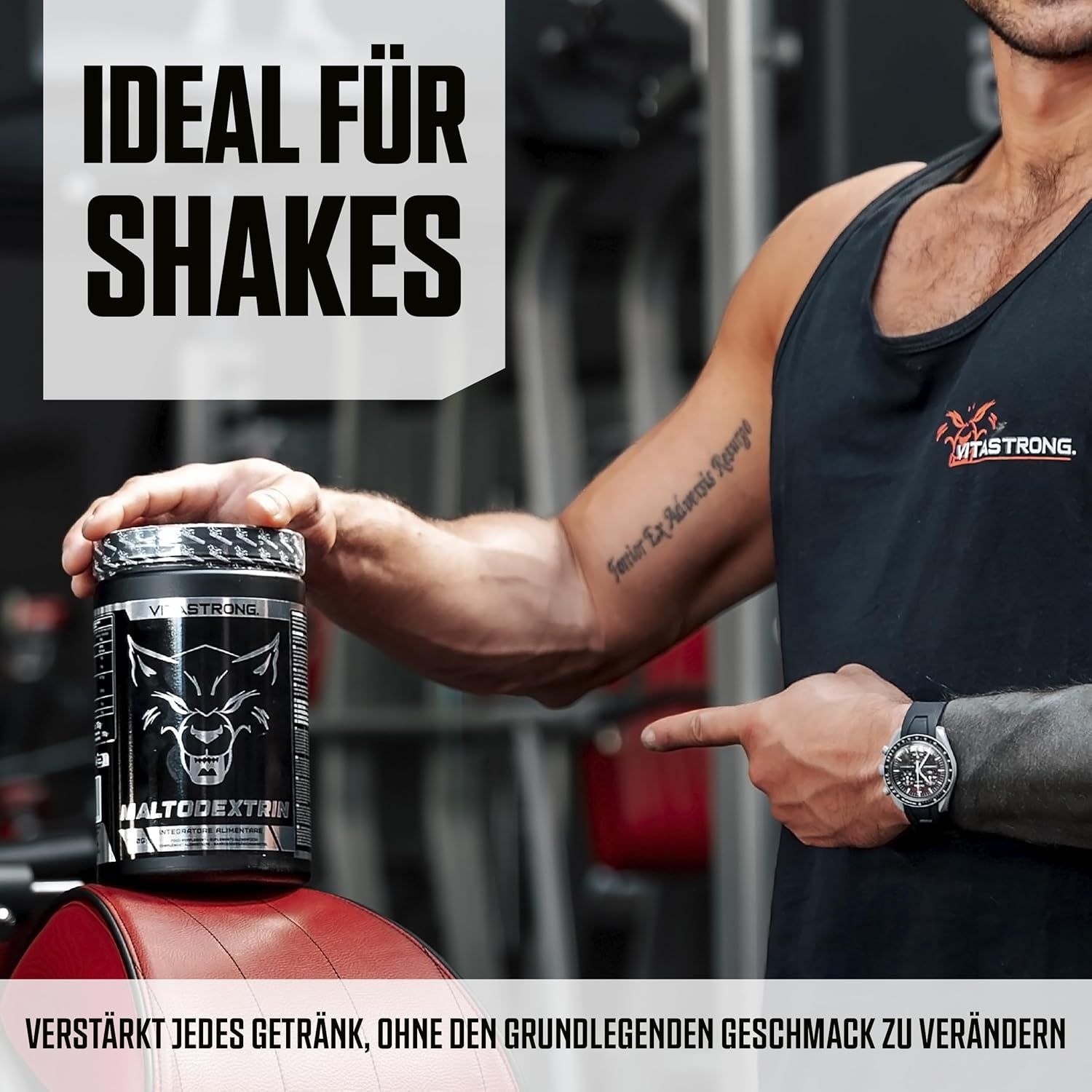 Person hält Dose Maltodextrin. Text: Ideal für Shakes.