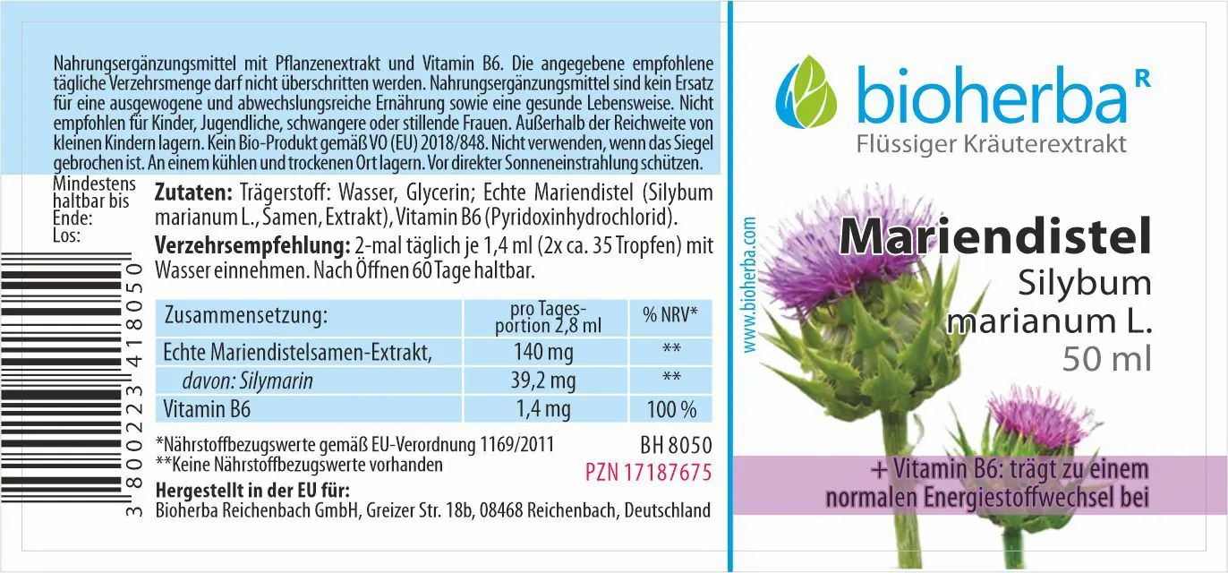 Etikett mit Produktnamen Mariendistel, Illustration und Text. Enthält Informationen zu Inhaltsstoffen und Nährwerten.