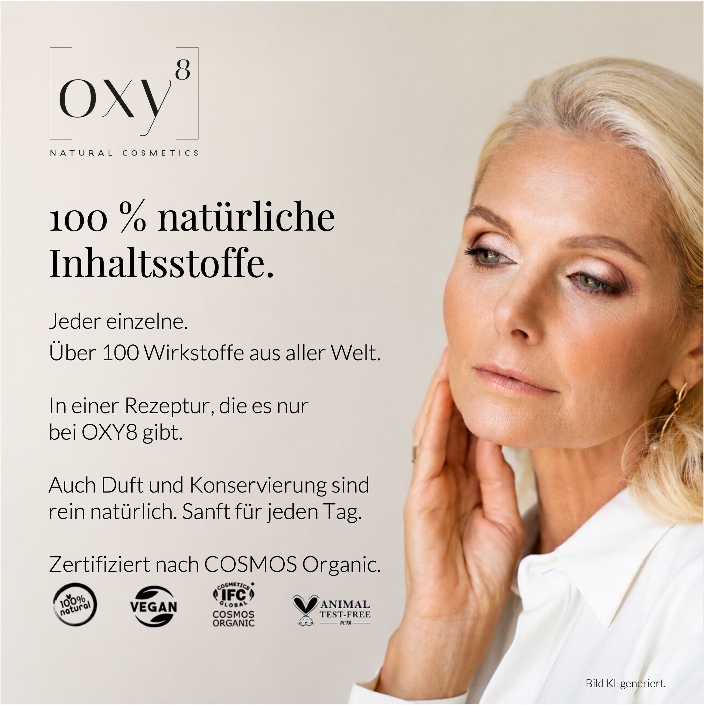 Porträt einer Frau mit Zertifikaten und OXY8 Logo.