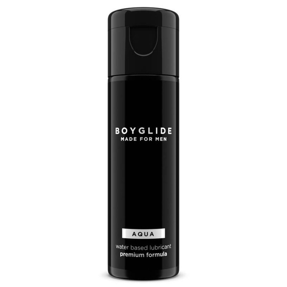 Schwarze Flasche mit Klappverschluss. Aufschrift: BOYGLIDE MADE FOR MEN, AQUA, water based lubricant, premium formula.