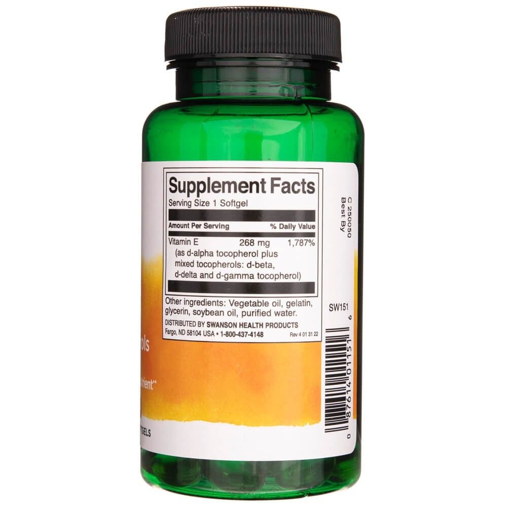 Rückseite einer grünen Flasche mit SWANSON Vitamin E gemischten Tocopherolen, Supplement Facts.