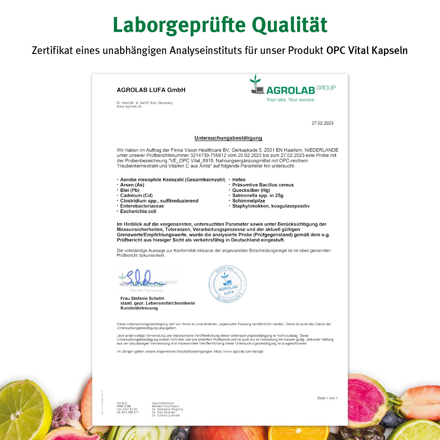 Zertifikat von Agrolab LUFA GmbH. Bestätigung der Analyse von OPC Vital Kapseln. Unterschrift und Stempel.