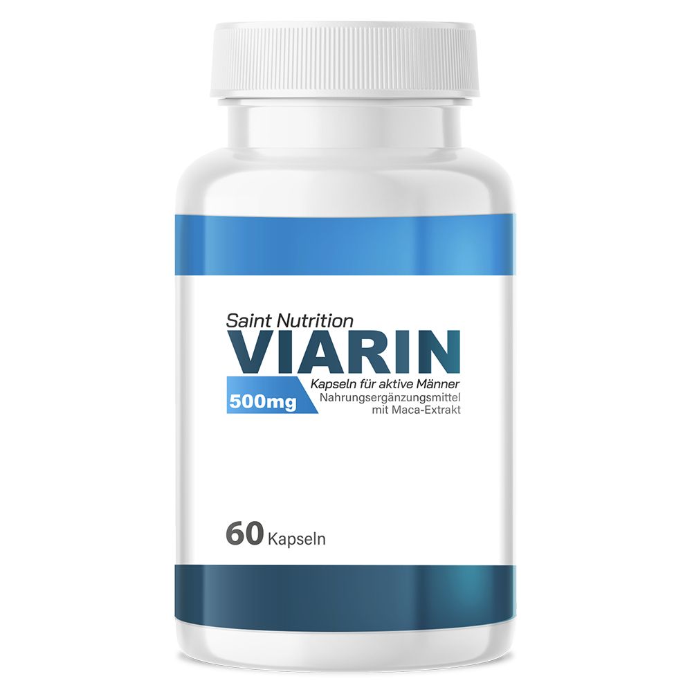Weiße Flasche mit blauen Streifen. Aufschrift: Viarin, 500mg, 60 Kapseln. Nahrungsergänzungsmittel mit Maca-Extrakt.