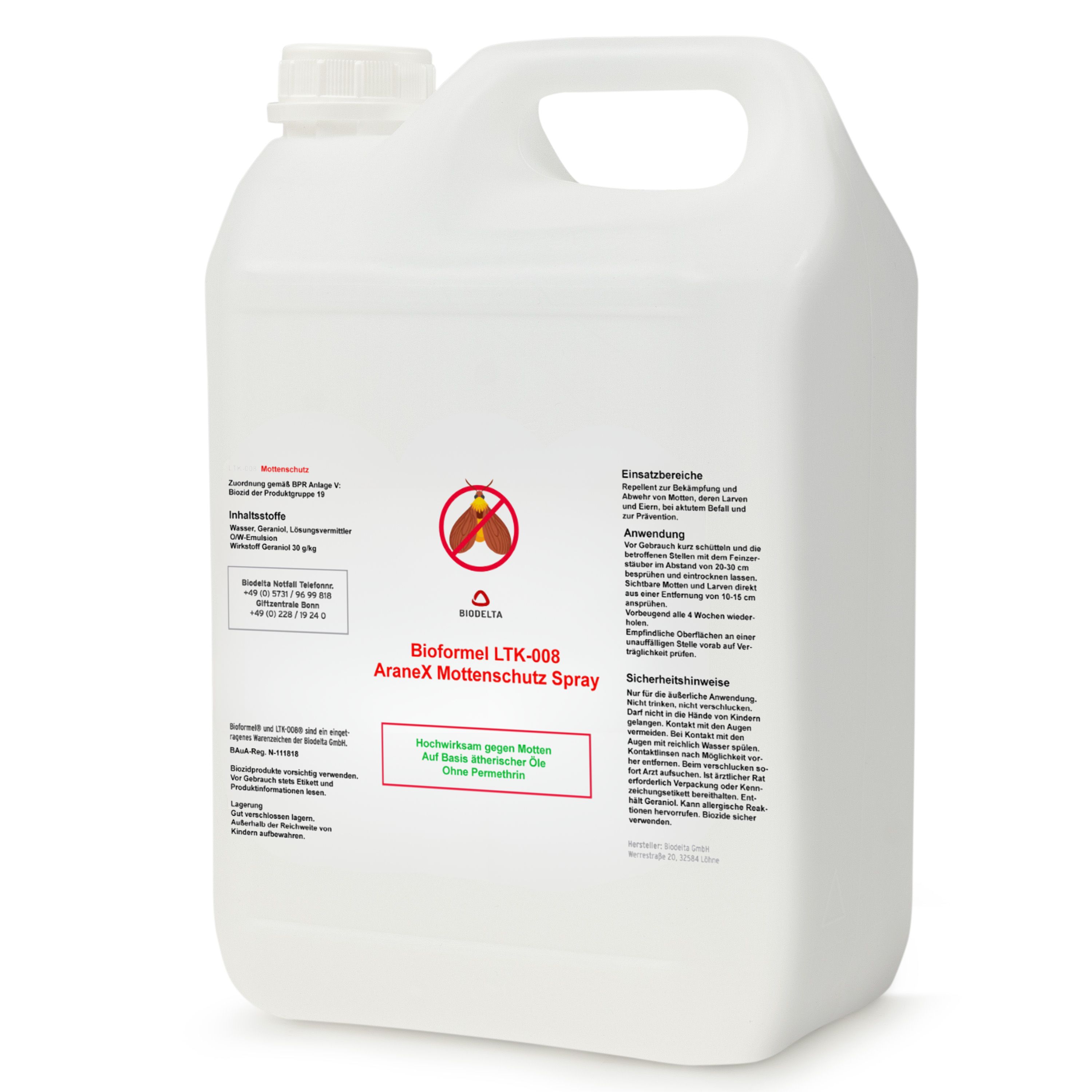 Großer weißer Kanister. Text: Bioformel LTK-008 AraneX Mottenschutz Spray. Auf rotem Hintergrund: Hochwirksame Mittel gegen Motten.