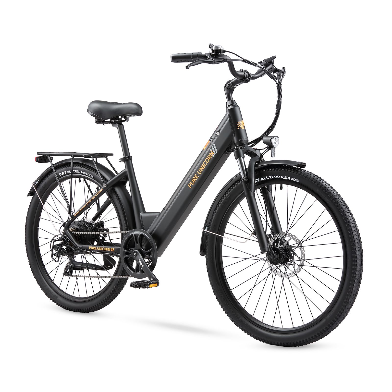 Schwarzes E-Bike mit gelbem Schriftzug PURE UNICORN. Gepäckträger, Schutzbleche und Scheinwerfer.