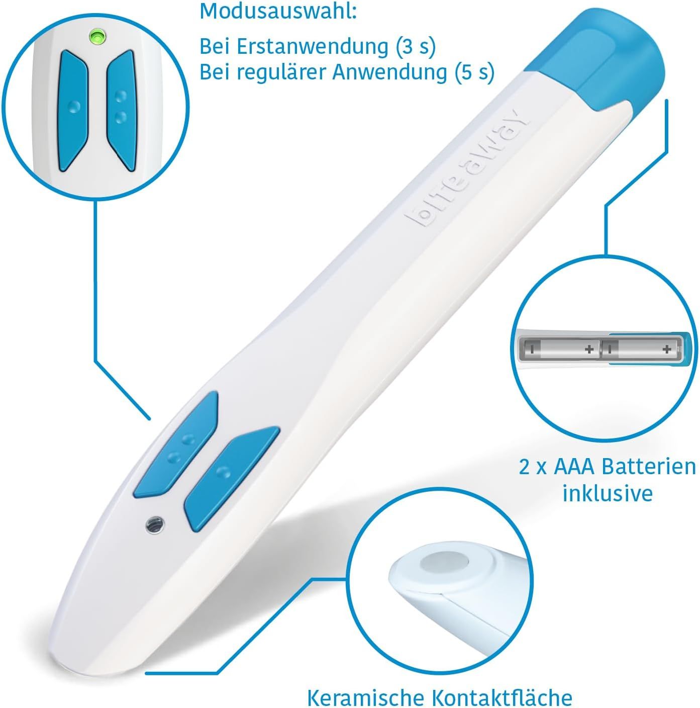 Weißes Gerät mit blauen Knöpfen und Spitze. Modusauswahl und Batterien (2xAAA). Keramische Kontaktfläche.