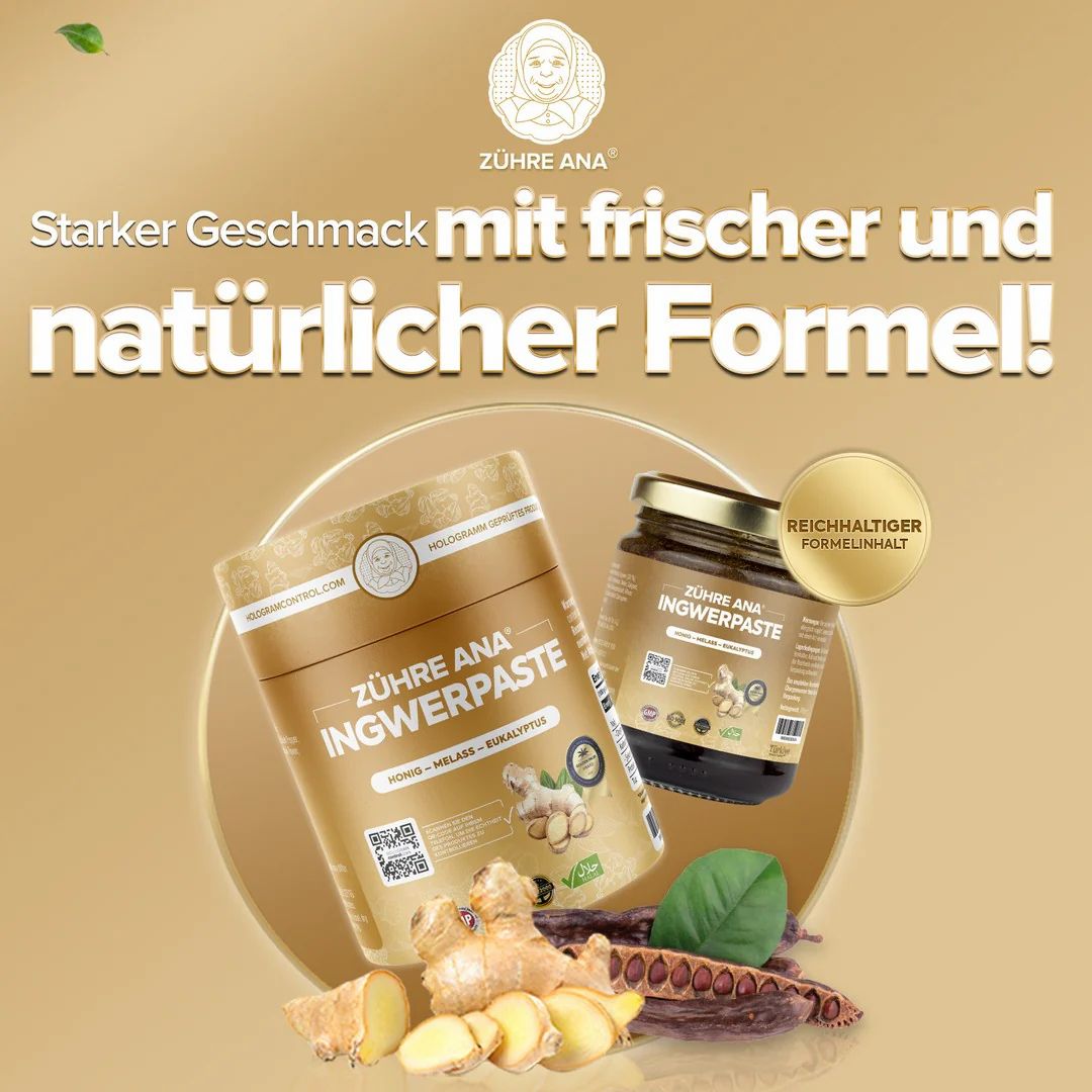 Zwei Ingwerpaste-Behälter. Einmal Dose, einmal Glas. Ingwerstücke und Blätter liegen daneben. Text: Starker Geschmack.