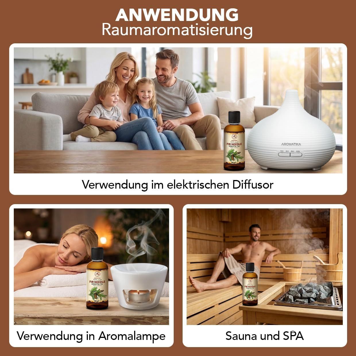 Anwendung von ätherischem Öl zur Raumduftung: im Diffusor, in der Aromalampe, in der Sauna.
