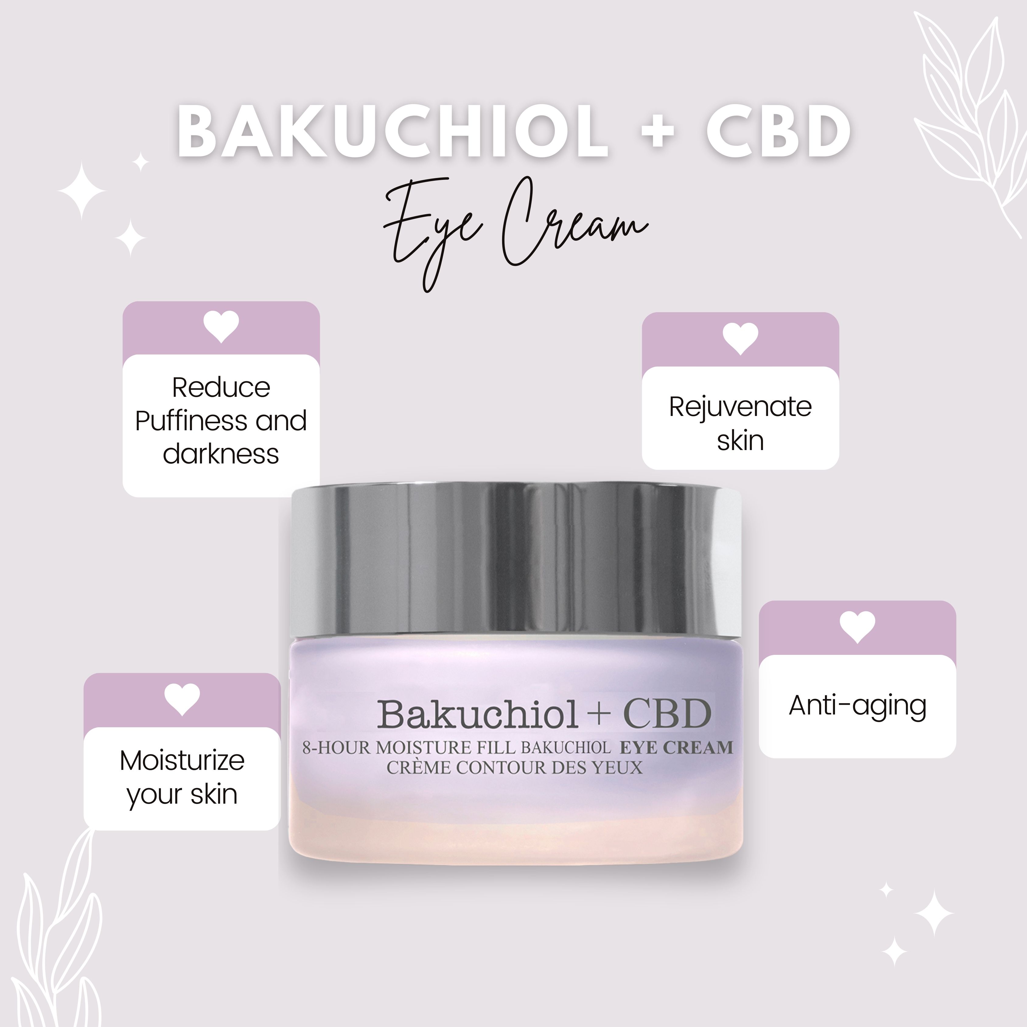 Augencreme-Tiegel. Aufschrift: Bakuchiol + CBD, 8-Hour Moisture Fill Bakuchiol Eye Cream. Text umgeben von Icons.