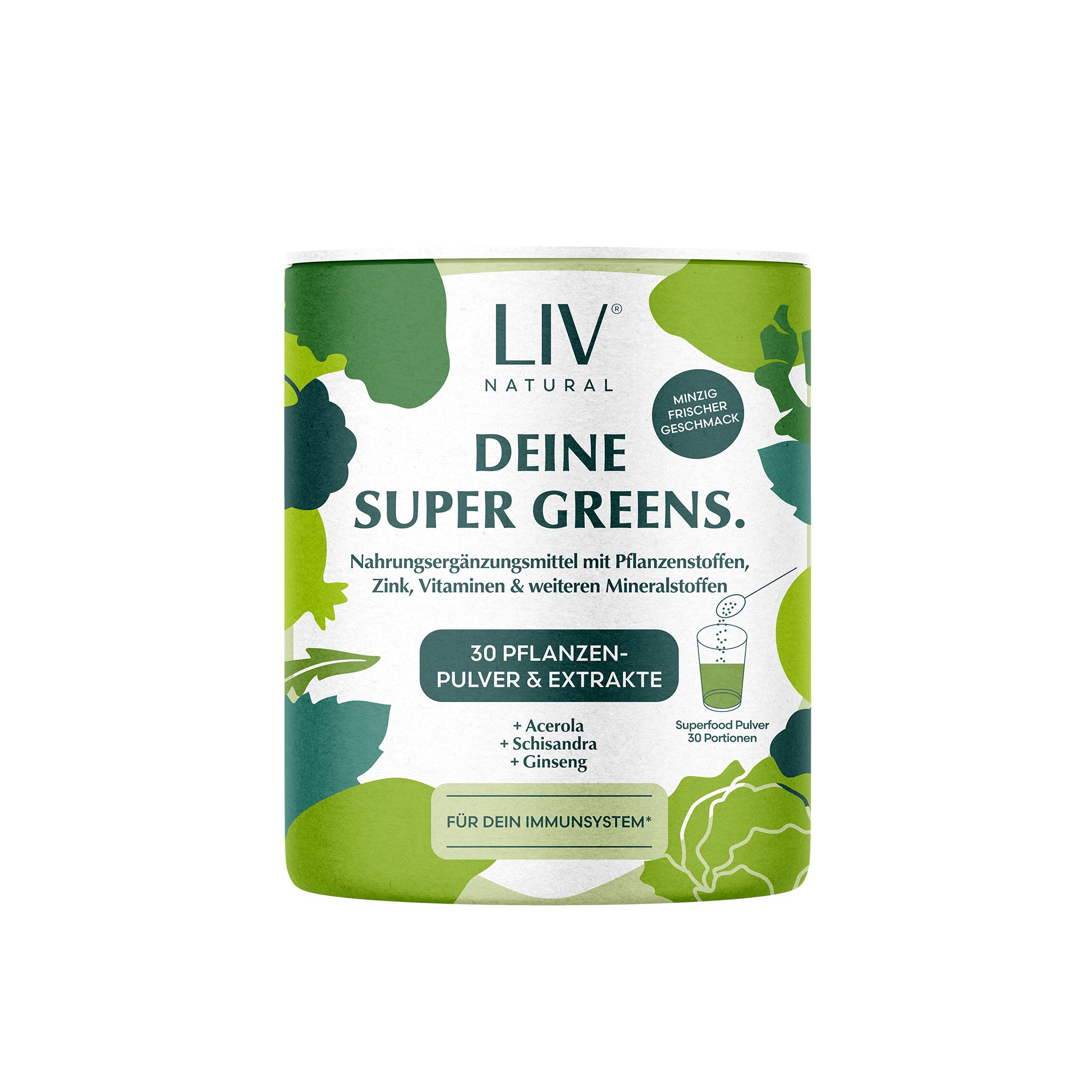 Grüne Dose LIV NATURAL Super Greens. Enthält 30 Pflanzenpulver & Extrakte. Mit Vitaminen und Mineralstoffen. Für das Immunsystem.