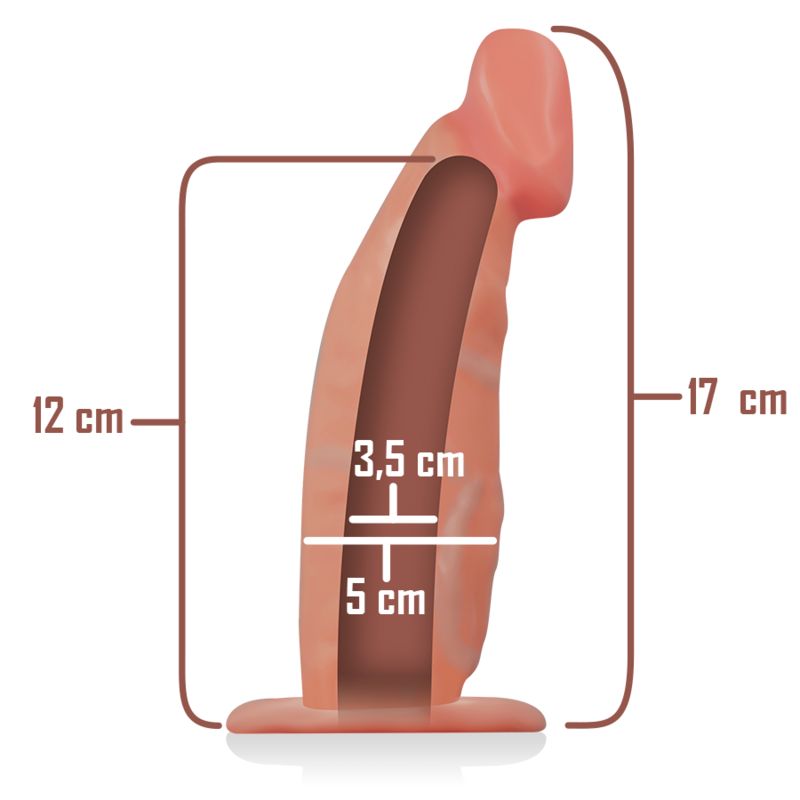 Rosafarbene Penis-Hülle mit Maßangaben: 17 cm lang, 12 cm hoch, 3,5 cm und 5 cm Durchmesser.