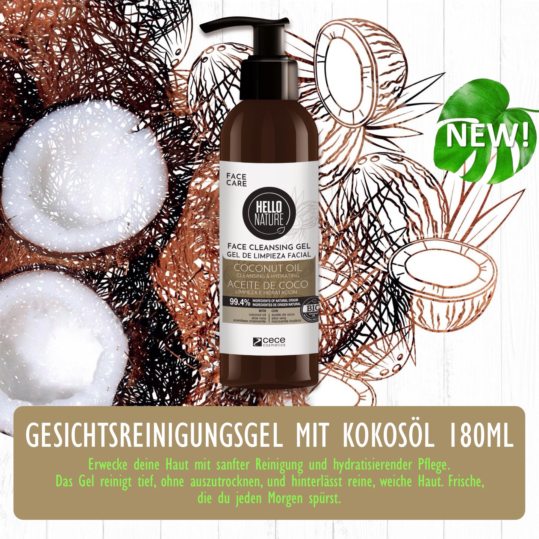 Gesichtsreinigungsgel mit Kokosöl. Braune Flasche mit Pumpe. Logo Hello Nature. Kokosnuss-Illustrationen.