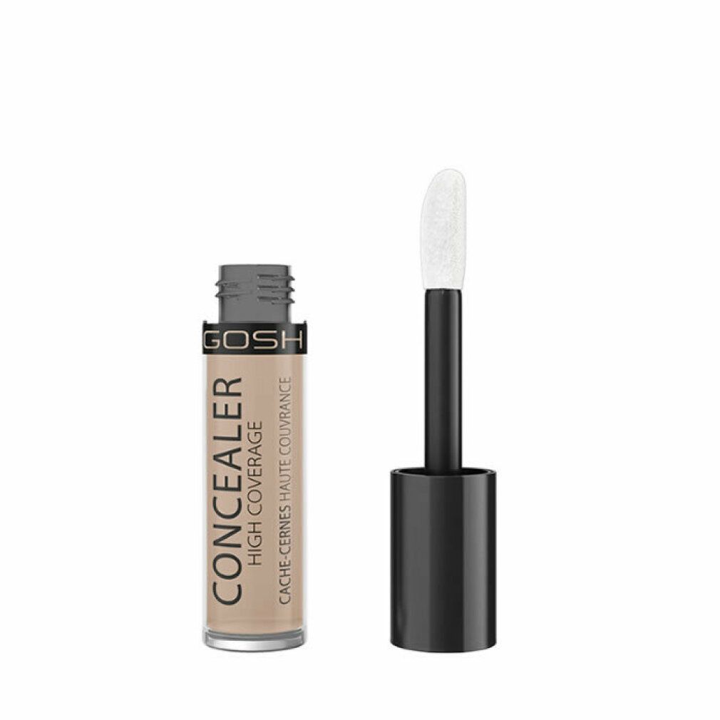Gosh Concealer High Coverage 004 Natural. Beige Flüssigkeit in einem transparenten Behälter. Applikator mit weißem Schwamm.