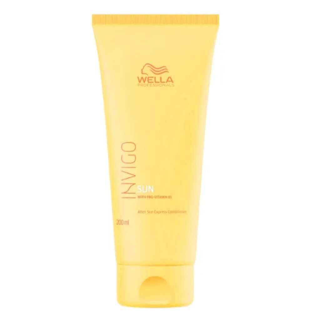 Gelbe Tube mit Wella Invigo Sun Conditioner. Produktname, Schriftzug und Logo sichtbar. 200ml.