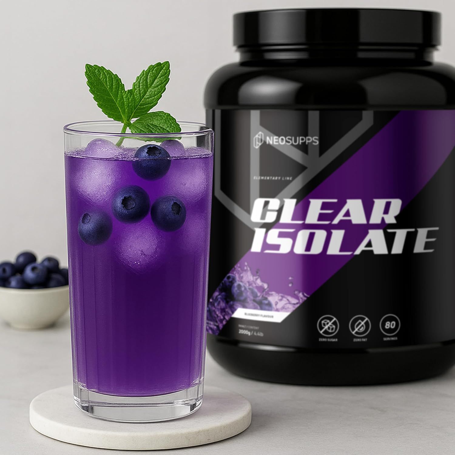 Neosupps Clear Whey Isolat Protein Pulver, 2000g, Blueberry, Eiweißpulver