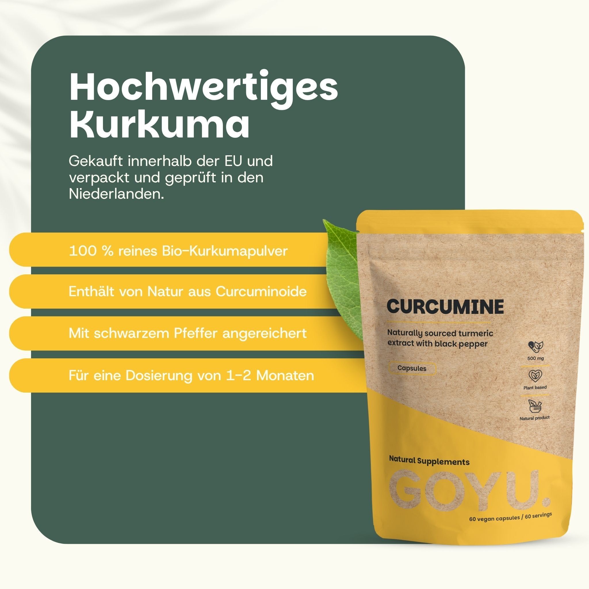 Hochwertiges Kurkuma-Pulver in Kapselform, angereichert mit schwarzem Pfeffer.