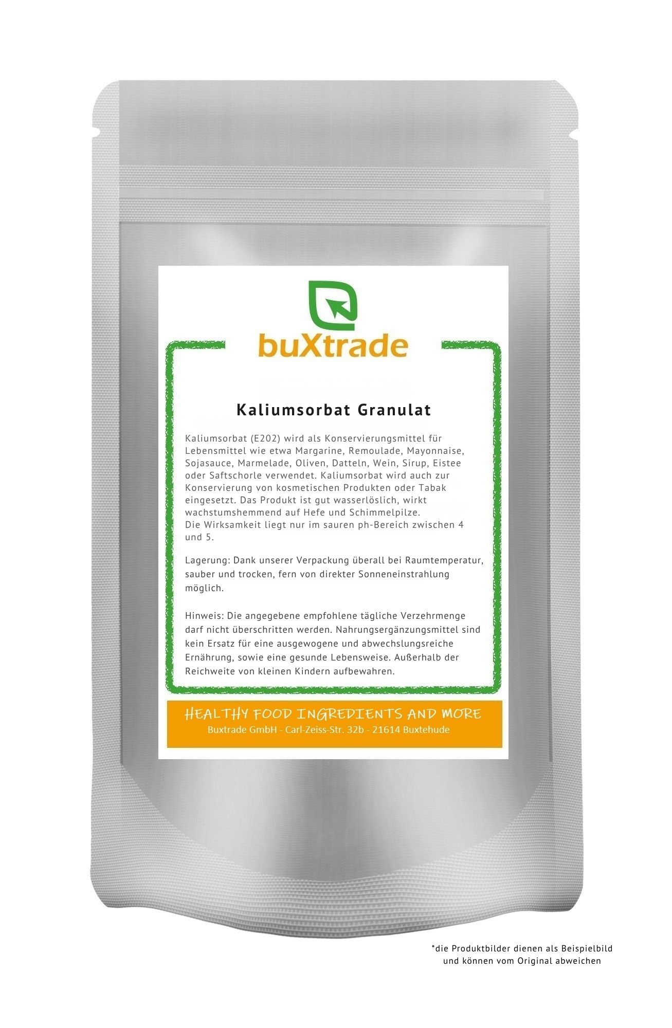 Beutel mit Aufdruck. Text: buXtrade Kaliumsorbat Granulat. Grün umrandeter Textbereich. Hintergrund: weiß.