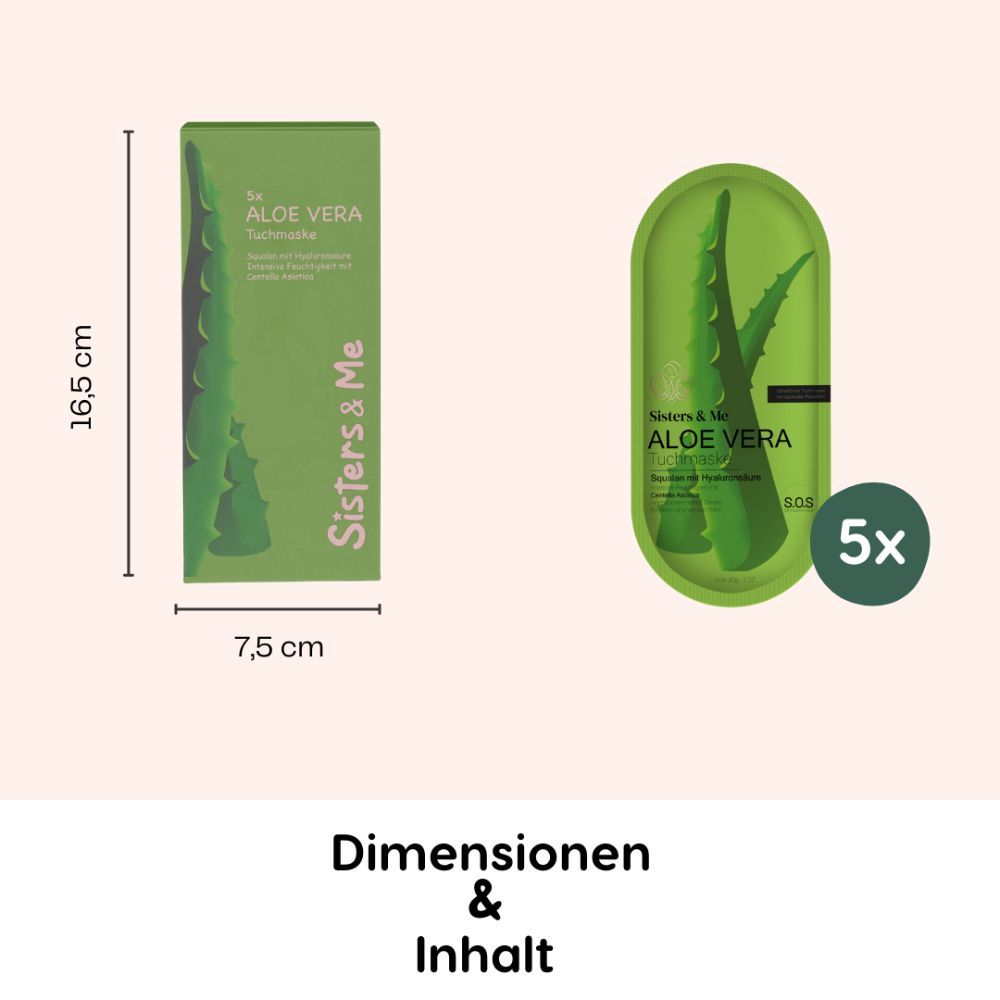 Verpackung und Maske. Maße: 16,5 x 7,5 cm. Aufdruck: 5x, Aloe Vera Tuchmaske, Sisters & Me.