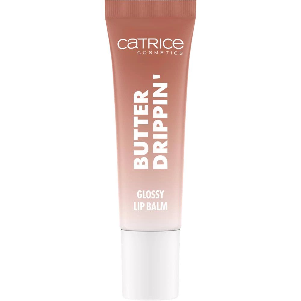Catrice Butter Drippin' Lip Balm Tube. Farbverlauf von hellbraun nach weiß. Text: Butter Drippin', Glossy Lip Balm.