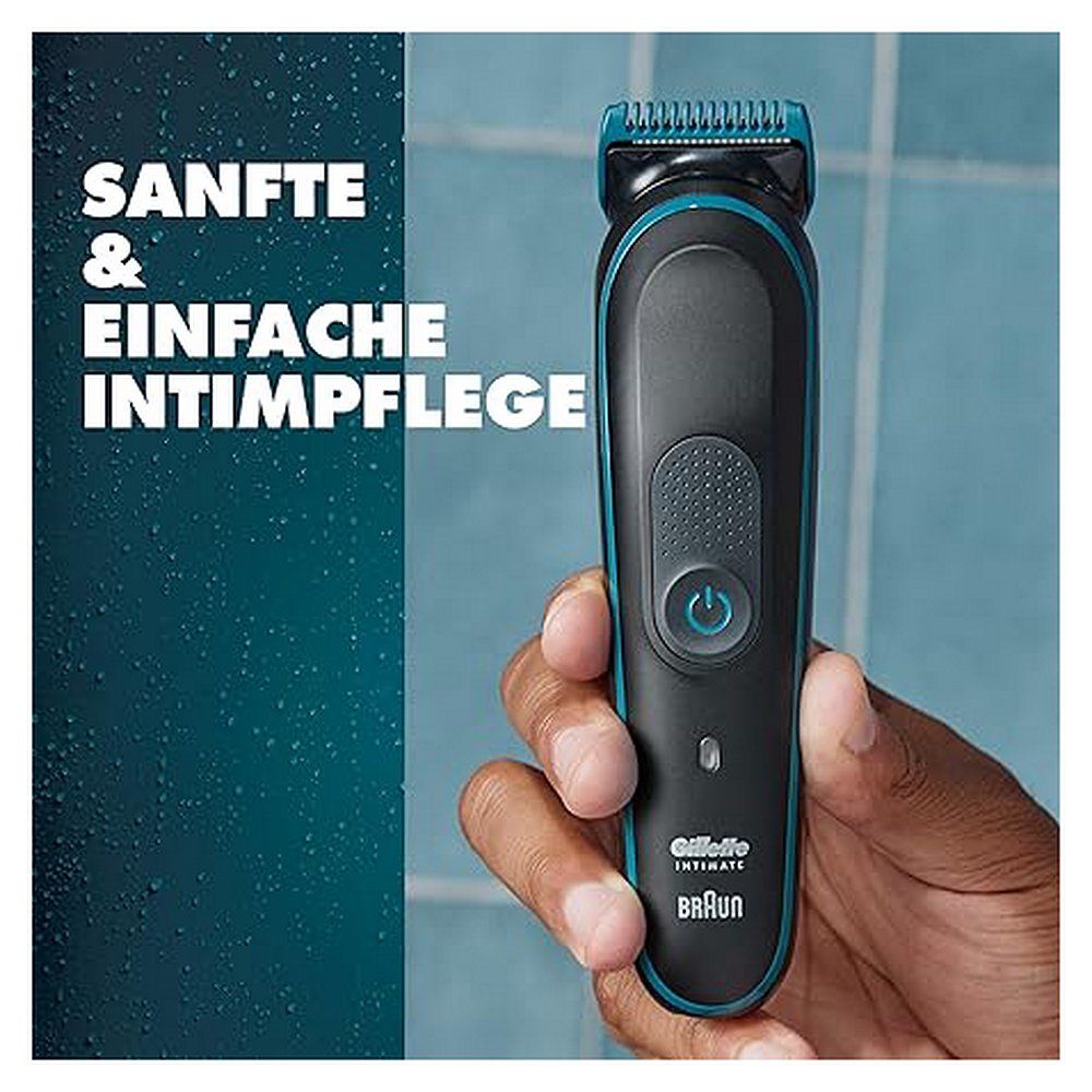 Hand hält Gillette Intimate Trimmer i5 mit der Aufschrift 'SANFTE & EINFACHE INTIMPFLEGE'.