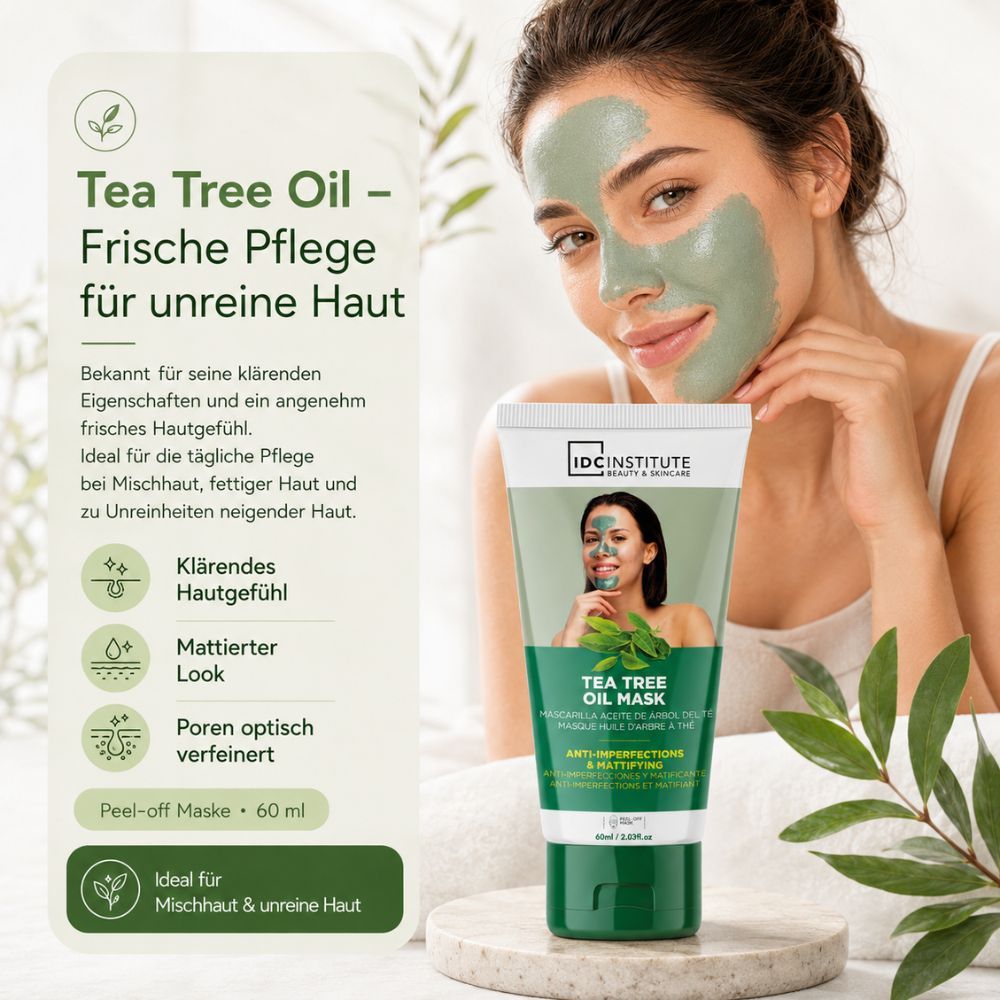 Frau mit grüner Teebaumöl-Peel-Off-Maske von IDC INSTITUTE, 60ml Tube.