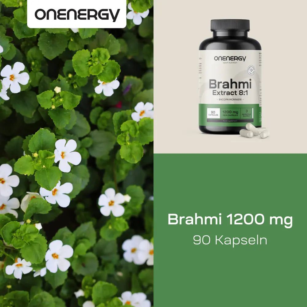 Produktabbildung mit Pflanzen und Flasche. Aufschrift: OnEnergy, Brahmi Extract 8:1, 1200 mg, 90 Kapseln. Hintergrund: grüne Blätter und Blüten.