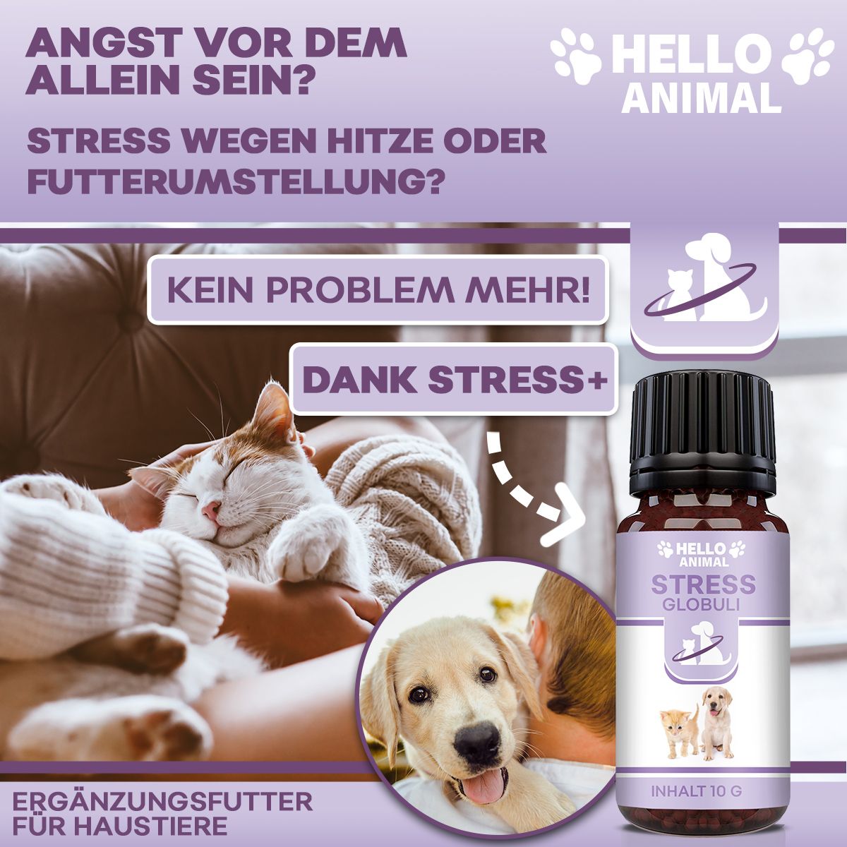 Braune Glasflasche mit schwarzem Deckel. Etikett mit Produktname, Logo und Abbildung von Hund und Katze. Ergänzungsfutter für Haustiere.