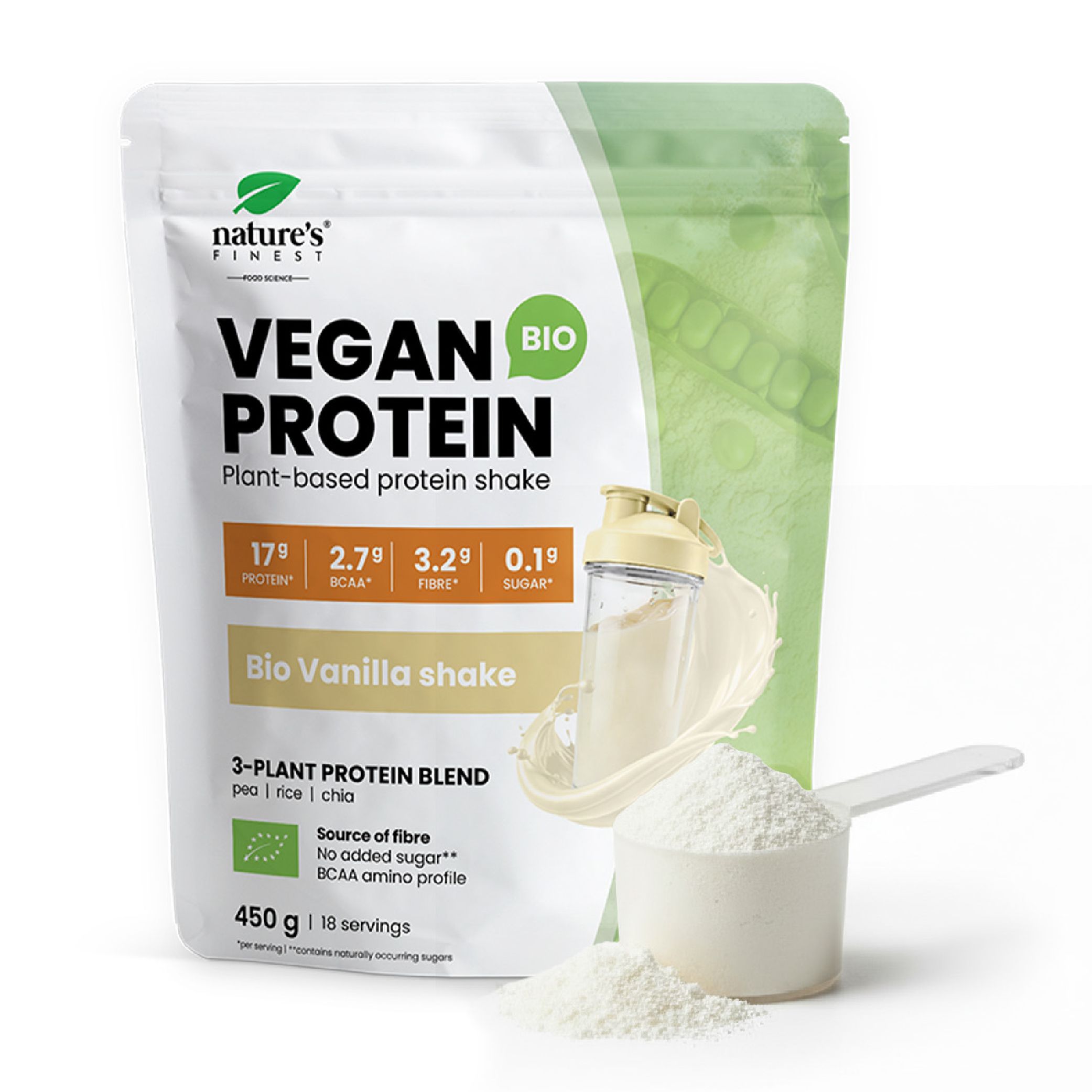 Nature's Finest Bio Vanilla Vegan Protein Shake mit Messlöffel und Pulver.