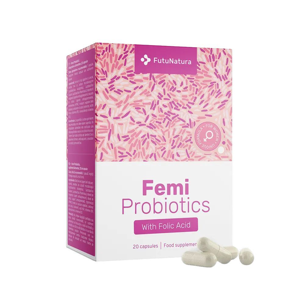 FutuNatura Femi Probiotics Packung mit Kapseln. Text: Femi Probiotics with Folic Acid. 20 Kapseln. Food supplement.