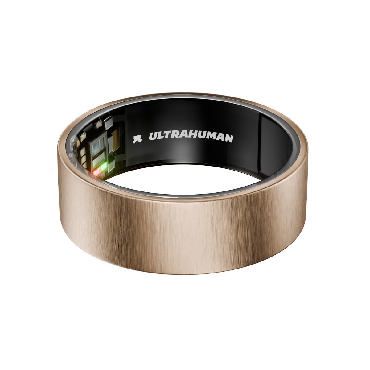 Goldfarbener Ring. Innen schwarz mit Schriftzug ULTRAHUMAN. Elektronische Komponenten sichtbar.