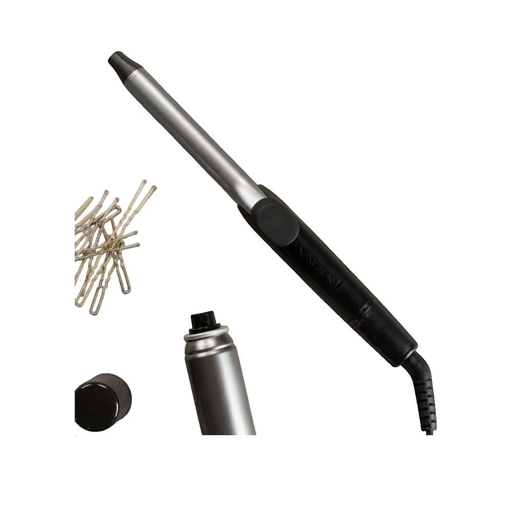 Lockenstab, Haarnadeln und Haarspray-Dose. Silberfarben und schwarz.