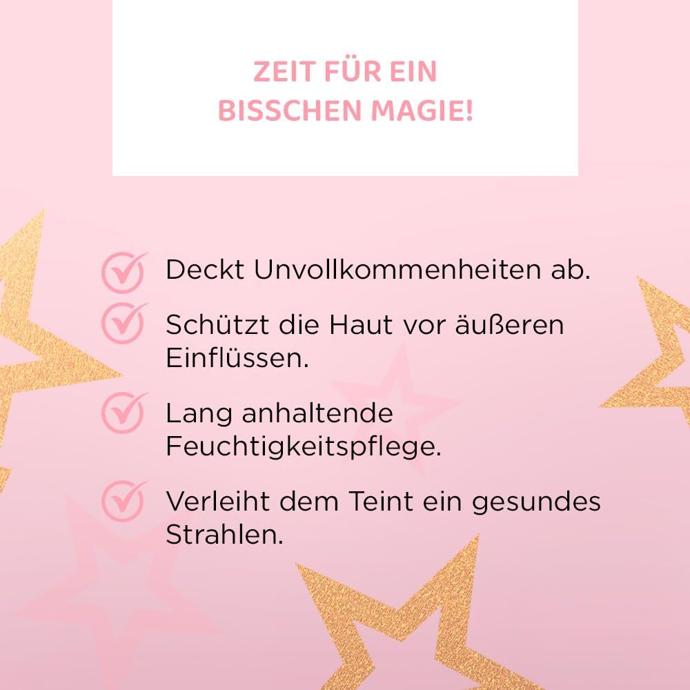 Text mit Aufzählungszeichen: Deckt Unvollkommenheiten ab, schützt die Haut, langanhaltende Feuchtigkeitspflege, verleiht Glanz.
