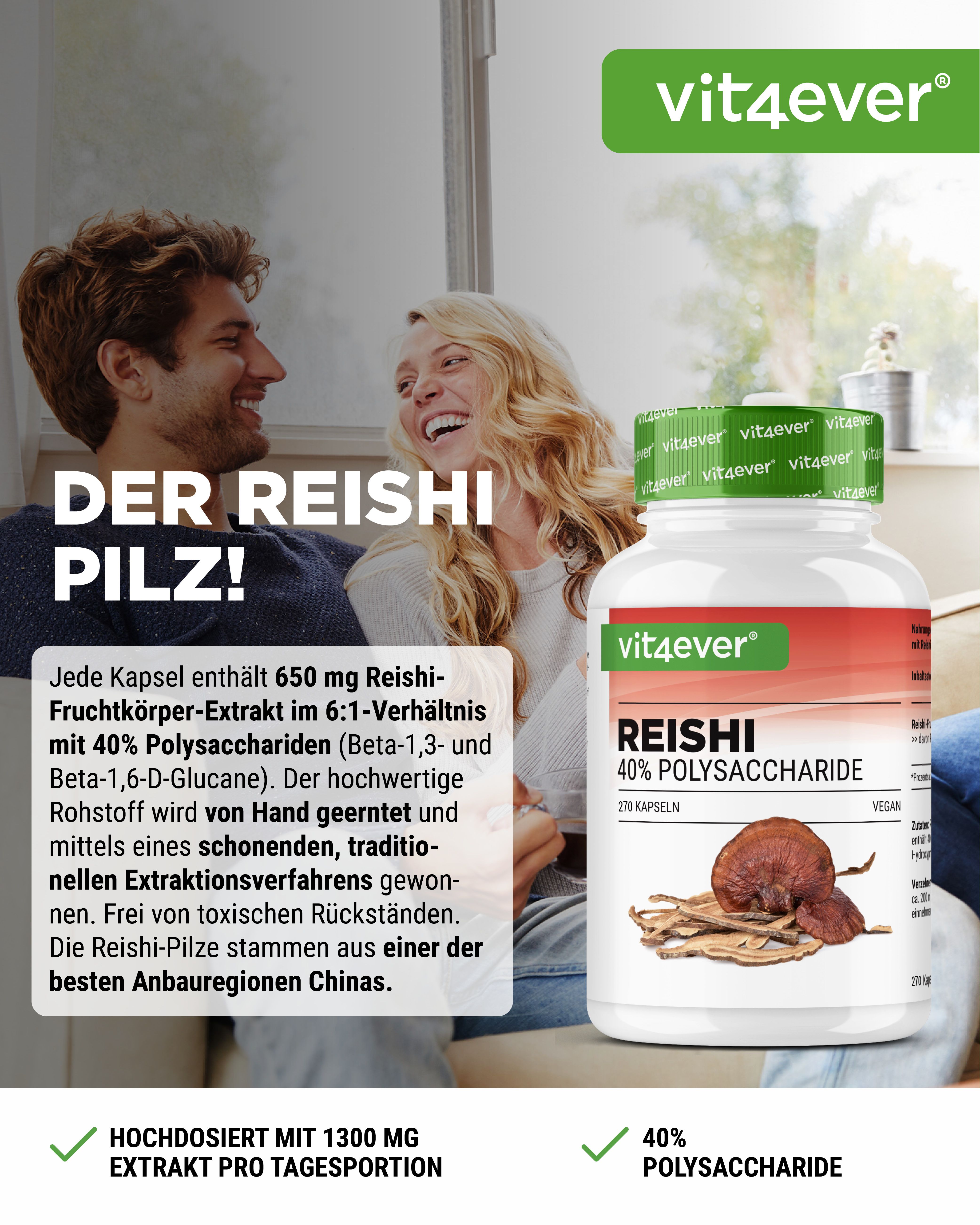 Personen lächeln. Flasche mit grüner Kappe. Aufschrift: vit4ever, Reishi 40% Polysaccharide, 270 Kapseln. Text: Der Reishi Pilz!