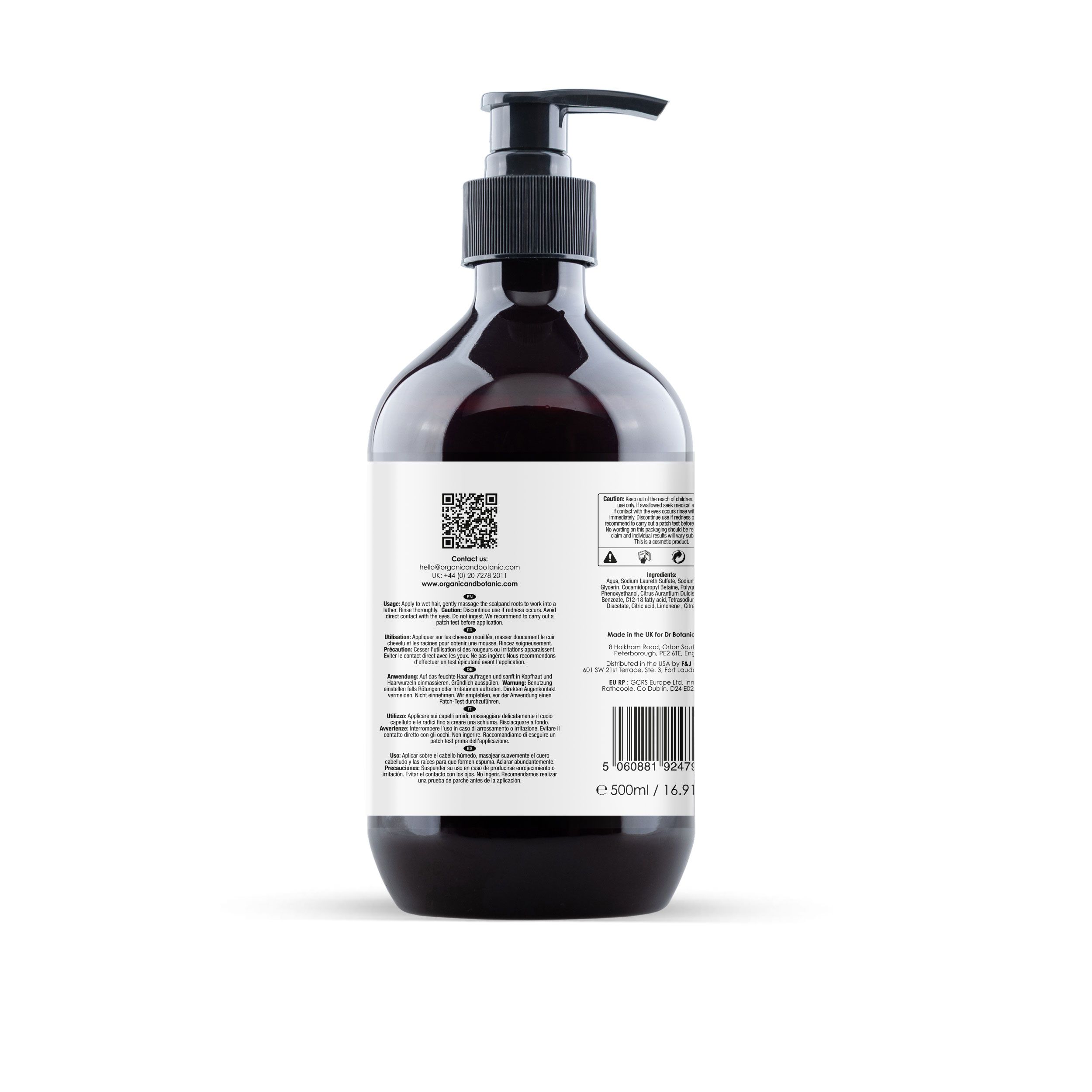Rückseite einer braunen Flasche mit schwarzem Pumpkopf. Etikett mit Text und QR-Code. Marke: Organic & Botanic.